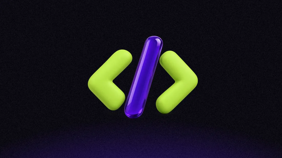 Codesymbool in lime en paars op een donkere achtergrond