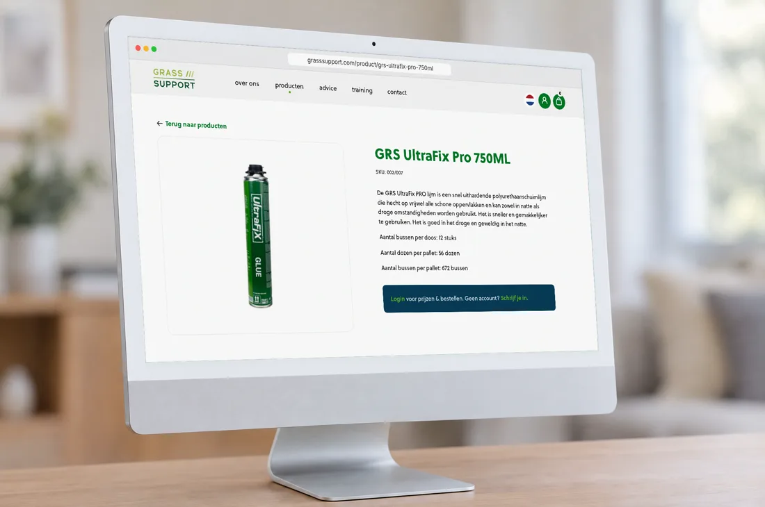 Een productpagina van GrassSupport, met inloggen voor prijzen